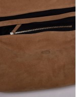 folded suede clutch grab bag with attachable shoulder strap in light neutral brown