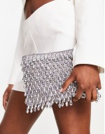 zip top clutch bag in all over beads in silver