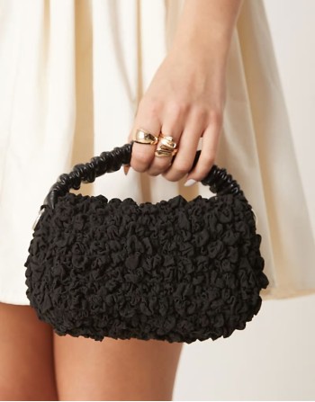 ruched handle textured grab bag with detachable chain crossbody strap in black
