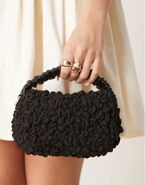 ruched handle textured grab bag with detachable chain crossbody strap in black
