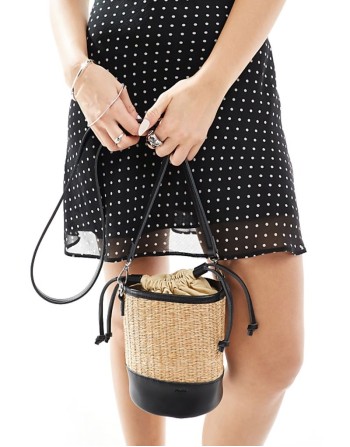 PASQ straw grab bucket bag with crossbody strap in natural