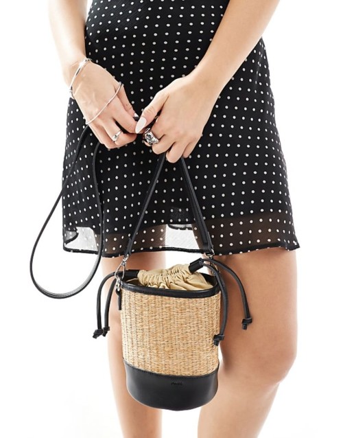 PASQ straw grab bucket bag with crossbody strap in natural