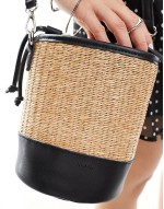 PASQ straw grab bucket bag with crossbody strap in natural