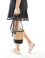 PASQ straw grab bucket bag with crossbody strap in natural