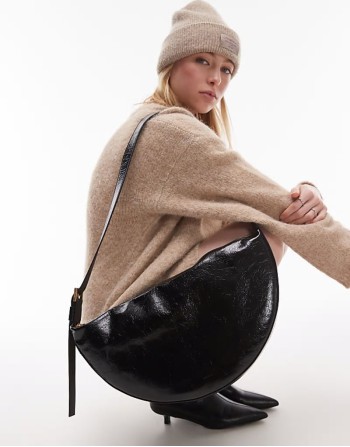 half moon leather large crossbody bag in black