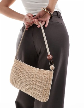 straw shoulder bag with resin ball strap detail in natural