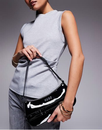 Christ patent shoulder bag in black with belt detailing