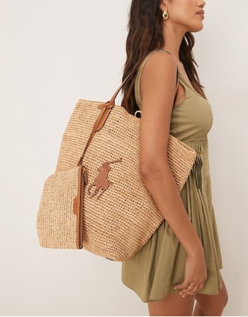 raffia tote bag with contrast pony player logo in brown