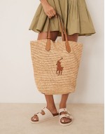 raffia tote bag with contrast pony player logo in brown