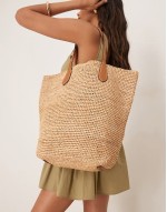 raffia tote bag with contrast pony player logo in brown