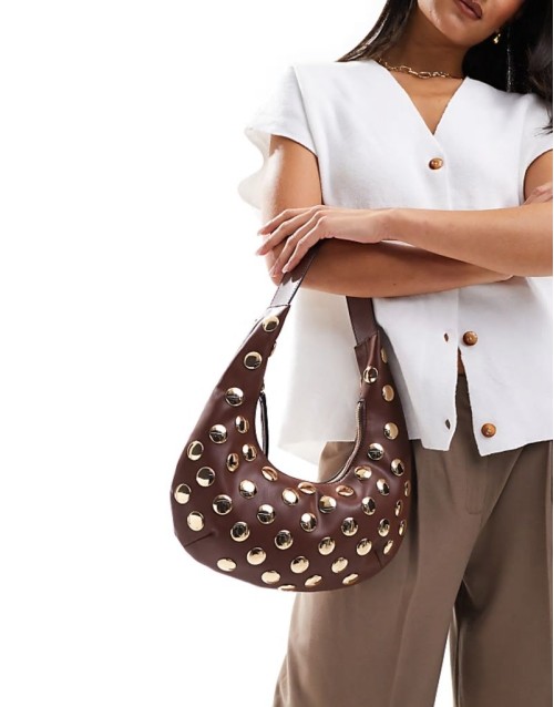 half moon studded shoulder bag in chocolate