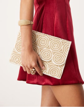 pearl and bead envelope clutch bag in white