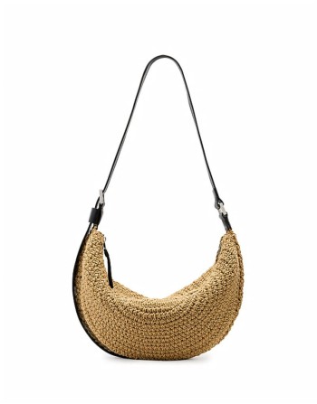 half moon straw textured shoulder bag in natural brown