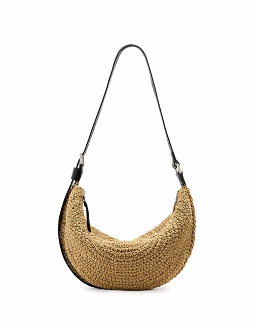half moon straw textured shoulder bag in natural brown