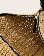 half moon straw textured shoulder bag in natural brown