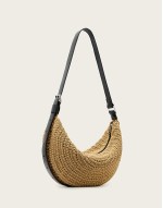 half moon straw textured shoulder bag in natural brown