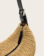 half moon straw textured shoulder bag in natural brown