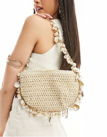 crochet shoulder bag with pearl and shell embellishment