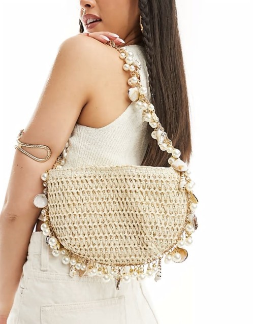 crochet shoulder bag with pearl and shell embellishment