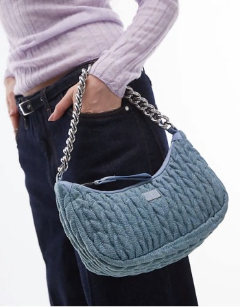 chain shoulder bag in rouched denim