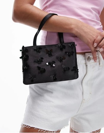 embelished floral detail bag in black