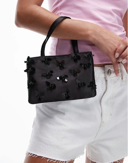 embelished floral detail bag in black