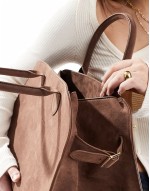 faux suede handheld large tote bag in brown
