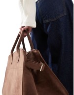 faux suede handheld large tote bag in brown