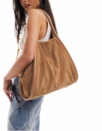 suede tote bag with tubular piping in tan