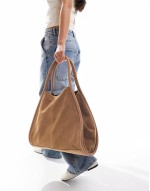 suede tote bag with tubular piping in tan