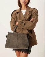 suede double buckle side detail tote bag in chocolate