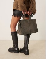 suede double buckle side detail tote bag in chocolate