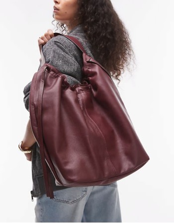 Lennox leather tote with ruche detail in burgundy