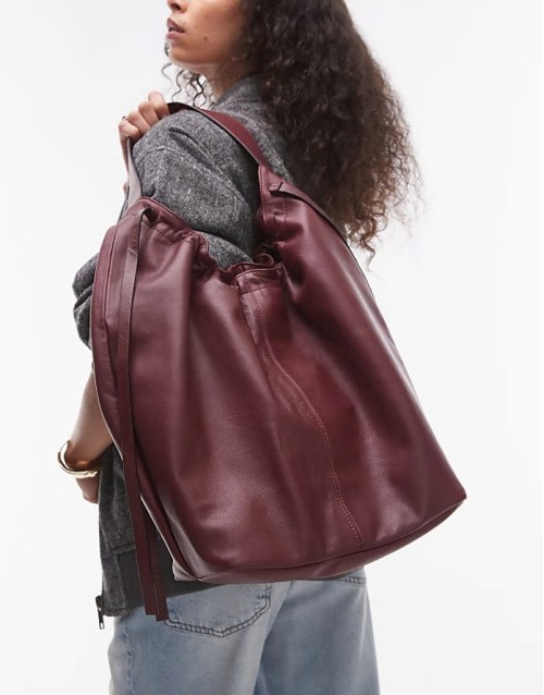 Lennox leather tote with ruche detail in burgundy