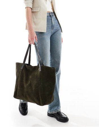 suede winged tote bag in forest green with leather straps