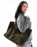 suede winged tote bag in forest green with leather straps