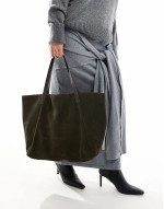 suede winged tote bag in forest green with leather straps