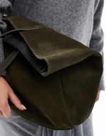 suede winged tote bag in forest green with leather straps