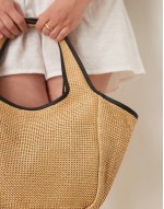 straw tote bag with pipping in natural